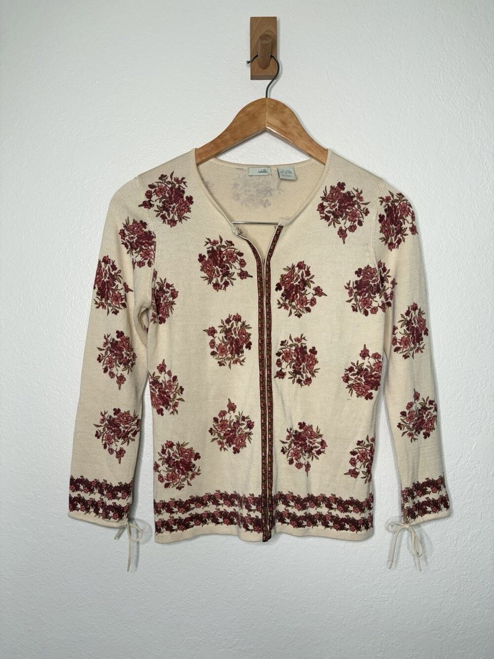 Anthropologie Odille Cream Red Floral Cardigan Size Small Cottagecore Silk